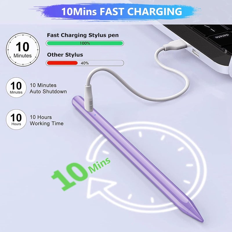 FUWANG Stylus Pen for iPad A16/10th/9th Generation, 10Mins Fast Charge for Apple Pencil&iPad Pen, Compatible with iPad A16/10th/9th/8th/7th/6th/Pro 13''11''M4/12.9 inch/Air 11'' 13'' M3/M2/Mini 6/5, Purple - Image 3